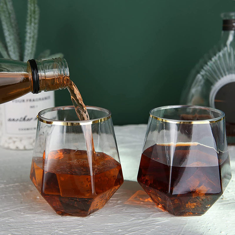 Hexagonal Whiskey Glass, Gold Edged Diamond Glass, Transparent Plastic Household Tumbler, Foreign Wine Glass