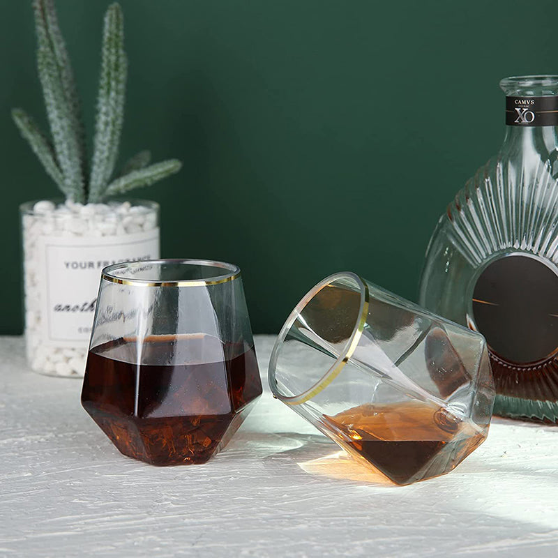 Hexagonal Whiskey Glass, Gold Edged Diamond Glass, Transparent Plastic Household Tumbler, Foreign Wine Glass