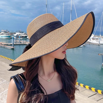 1pc Women's Oversize Brim Straw Hat, Summer Sun Block Hat, Seaside Bow Beach Hat for Sun Protection.