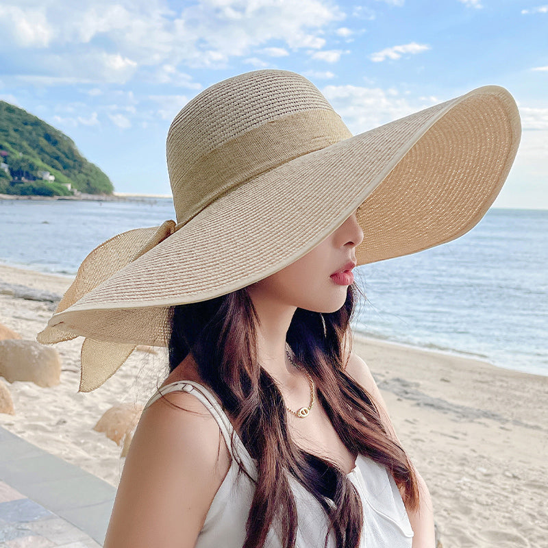1pc Womens Oversize Brim Straw Hat Summer Sun Block Hat Seaside Bow Beach Hat For Sun Protection 1