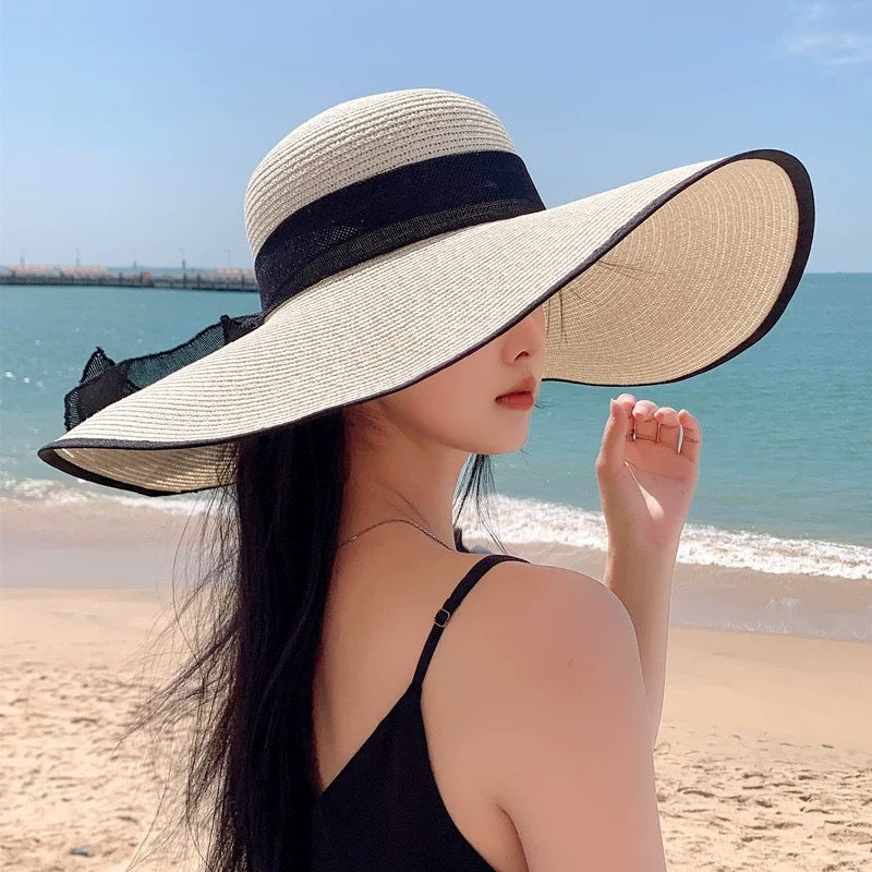 1pc Womens Oversize Brim Straw Hat Summer Sun Block Hat Seaside Bow Beach Hat For Sun Protection 2