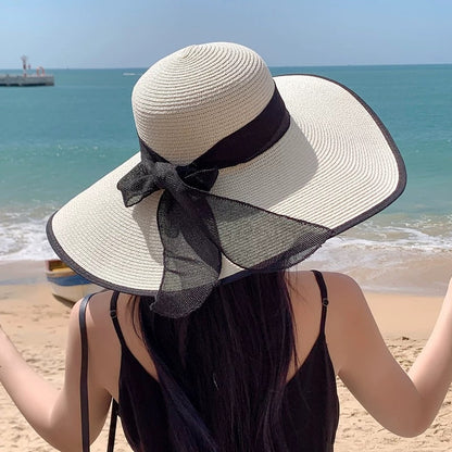 1pc Womens Oversize Brim Straw Hat Summer Sun Block Hat Seaside Bow Beach Hat For Sun Protection 3