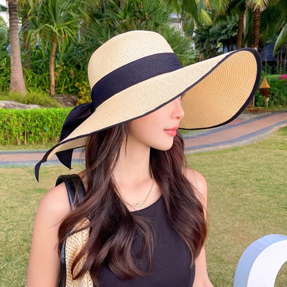 1pc Womens Oversize Brim Straw Hat Summer Sun Block Hat Seaside Bow Beach Hat For Sun Protection 7
