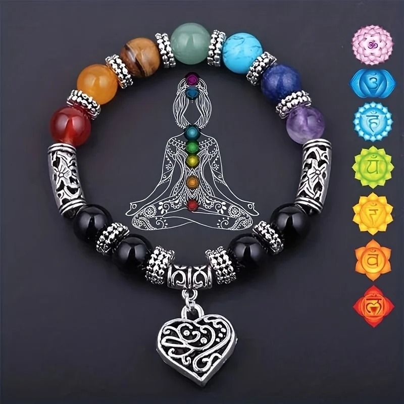 Chakra Healing Stone Beaded Bracelet with Love Pendant