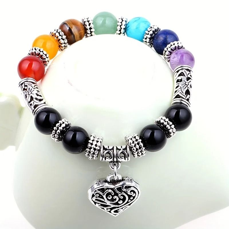 Chakra Healing Stone Beaded Bracelet With Love Pendant 2