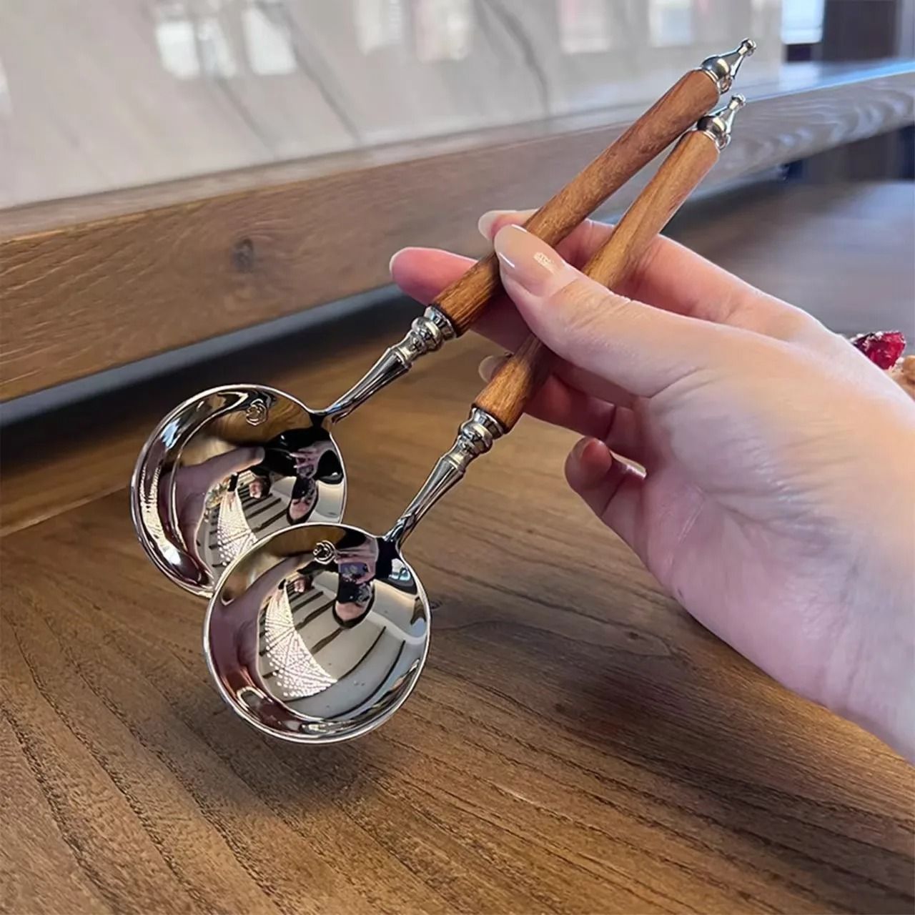 Stainless Steel Spoon With WoodLook Handle For Soup And Dessert 1