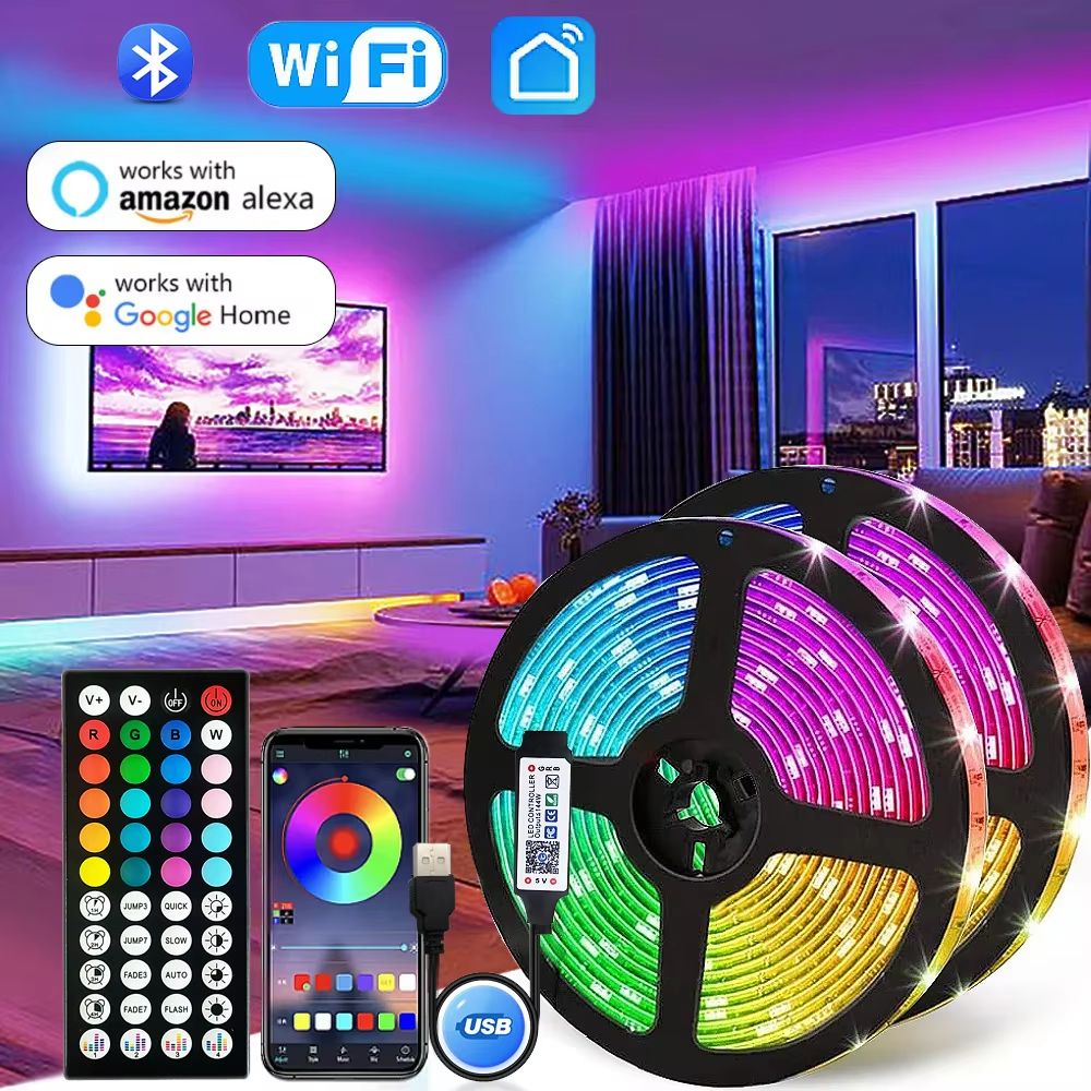 Smart RGB LED Strip Lights with Bluetooth & WiFi App Control – 5V USB Powered 5050 Backlight for TV, Room & Gaming Setup