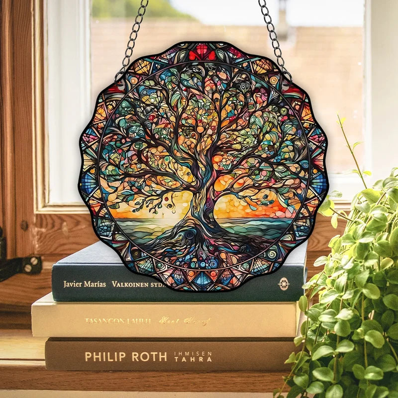 Tree of Life Wall Art, Round Sun Hanging Sign, Acrylic Welcome Plate Decor for Indoor Outdoor Window