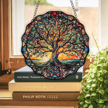Tree of Life Wall Art, Round Sun Hanging Sign, Acrylic Welcome Plate Decor for Indoor Outdoor Window