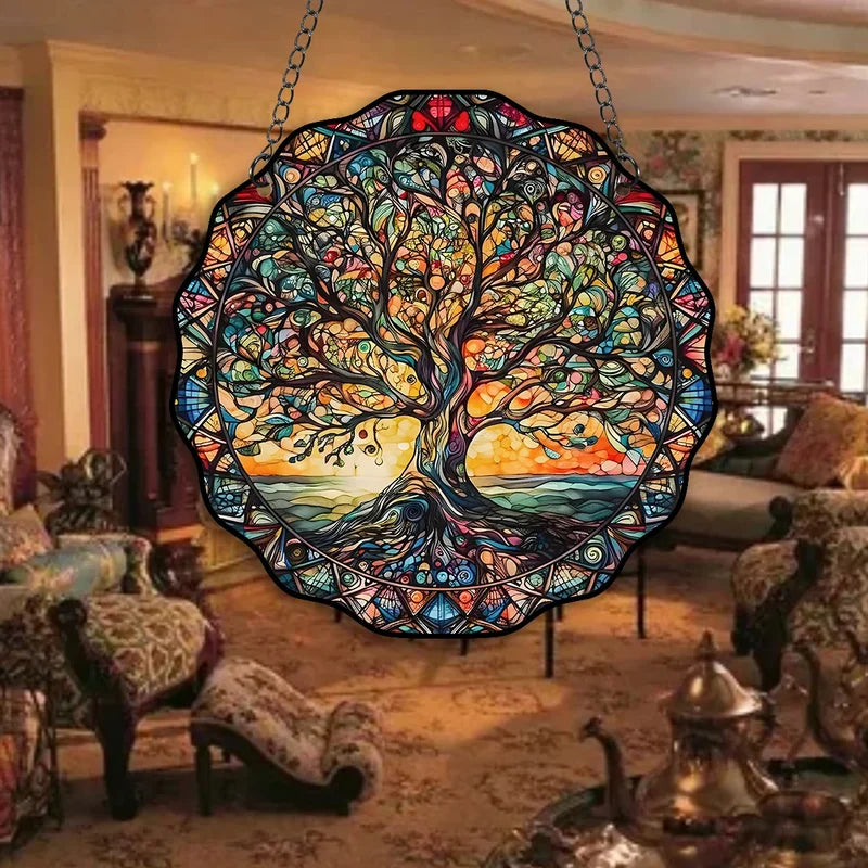Tree of Life Wall Art, Round Sun Hanging Sign, Acrylic Welcome Plate Decor for Indoor Outdoor Window