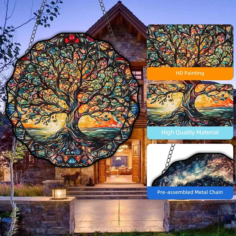 Tree of Life Wall Art, Round Sun Hanging Sign, Acrylic Welcome Plate Decor for Indoor Outdoor Window