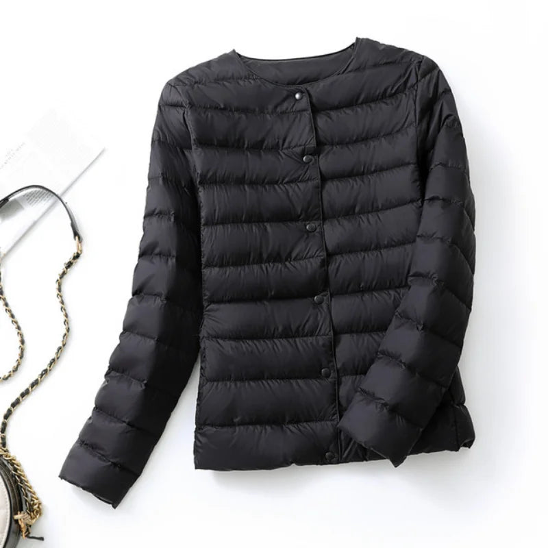 Ultralight Women's Puffer Jacket, Collarless Down Parka, Portable Warm Liner for Spring Winter