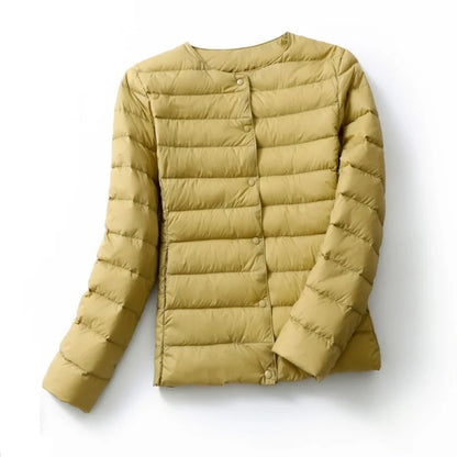 Ultralight Women's Puffer Jacket, Collarless Down Parka, Portable Warm Liner for Spring Winter