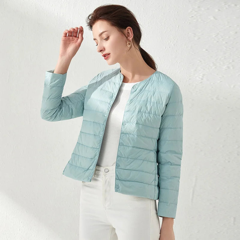 Ultralight Women's Puffer Jacket, Collarless Down Parka, Portable Warm Liner for Spring Winter