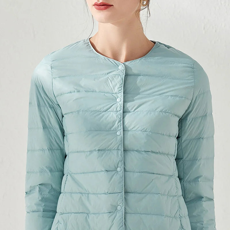 Ultralight Women's Puffer Jacket, Collarless Down Parka, Portable Warm Liner for Spring Winter
