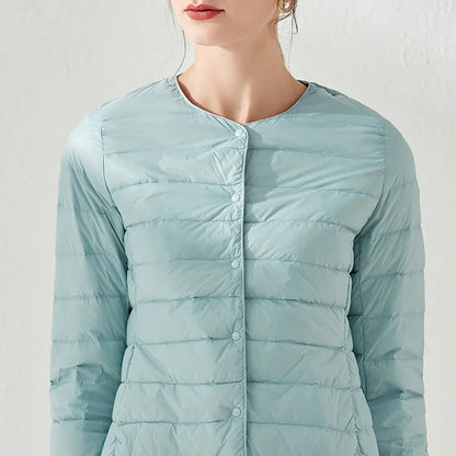 Ultralight Women's Puffer Jacket, Collarless Down Parka, Portable Warm Liner for Spring Winter