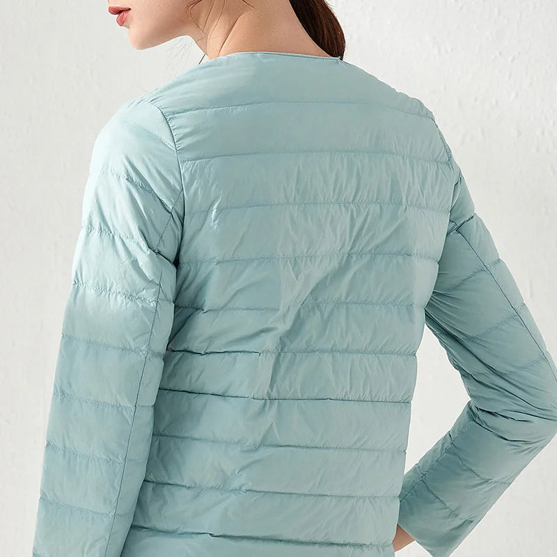 Ultralight Women's Puffer Jacket, Collarless Down Parka, Portable Warm Liner for Spring Winter
