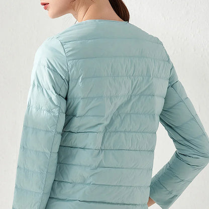 Ultralight Women's Puffer Jacket, Collarless Down Parka, Portable Warm Liner for Spring Winter
