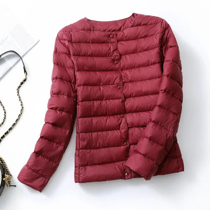 Ultralight Women's Puffer Jacket, Collarless Down Parka, Portable Warm Liner for Spring Winter