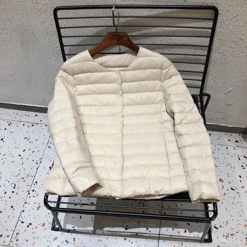 Ultralight Women's Puffer Jacket, Collarless Down Parka, Portable Warm Liner for Spring Winter