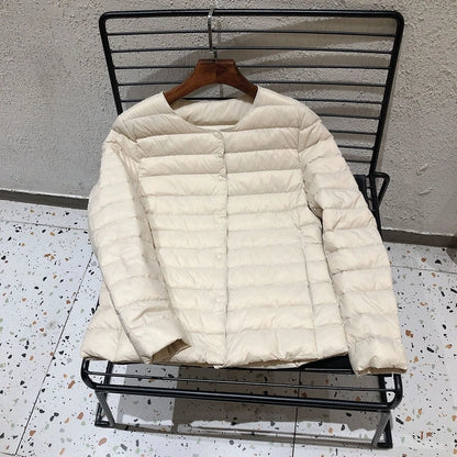 Ultralight Women's Puffer Jacket, Collarless Down Parka, Portable Warm Liner for Spring Winter