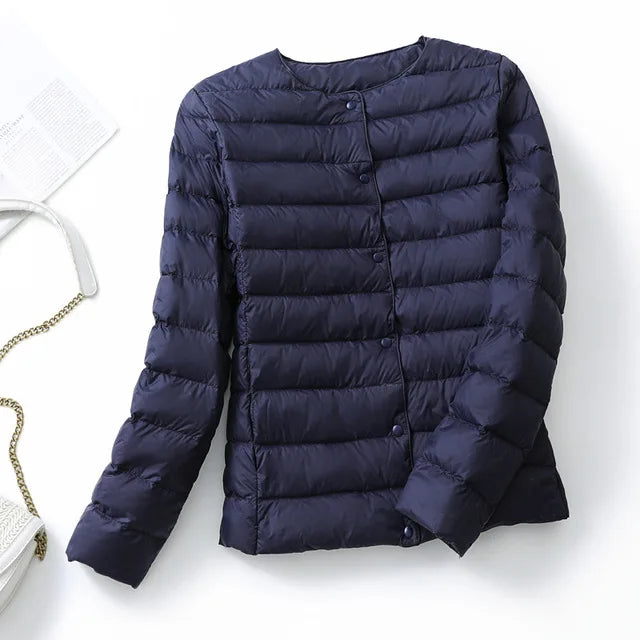 Ultralight Women's Puffer Jacket, Collarless Down Parka, Portable Warm Liner for Spring Winter