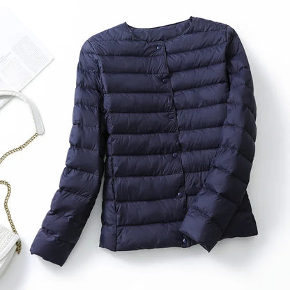 Ultralight Women's Puffer Jacket, Collarless Down Parka, Portable Warm Liner for Spring Winter