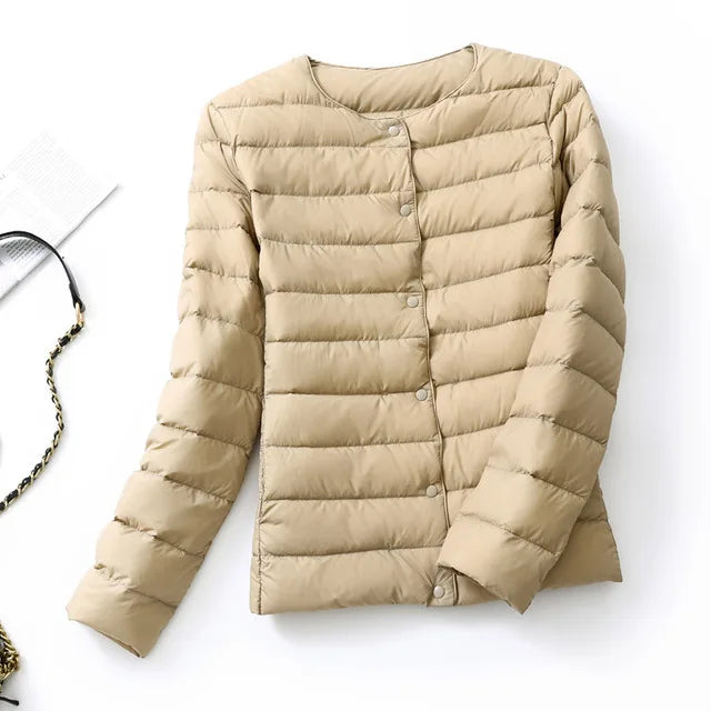 Ultralight Women's Puffer Jacket, Collarless Down Parka, Portable Warm Liner for Spring Winter