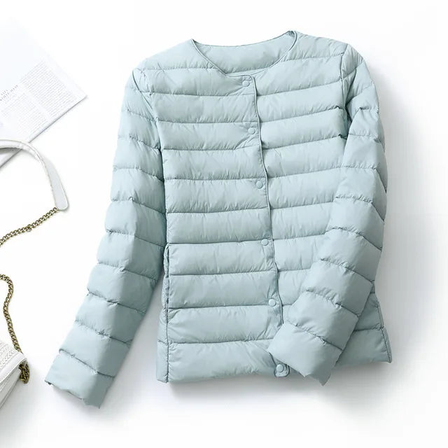 Ultralight Women's Puffer Jacket, Collarless Down Parka, Portable Warm Liner for Spring Winter
