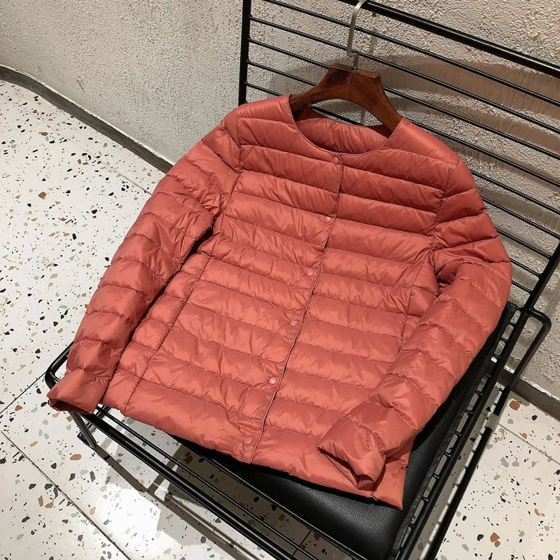 Ultralight Women's Puffer Jacket, Collarless Down Parka, Portable Warm Liner for Spring Winter