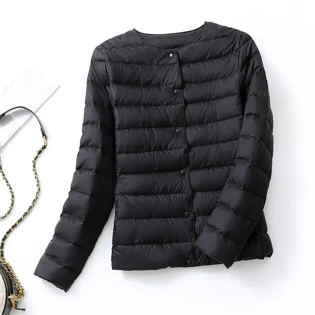 Ultralight Women's Puffer Jacket, Collarless Down Parka, Portable Warm Liner for Spring Winter
