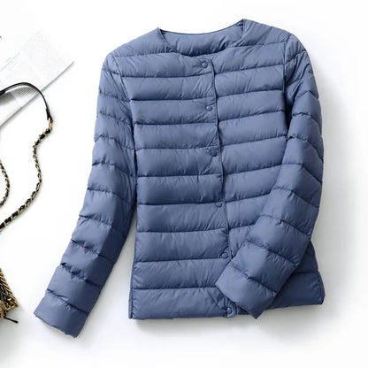 Ultralight Women's Puffer Jacket, Collarless Down Parka, Portable Warm Liner for Spring Winter