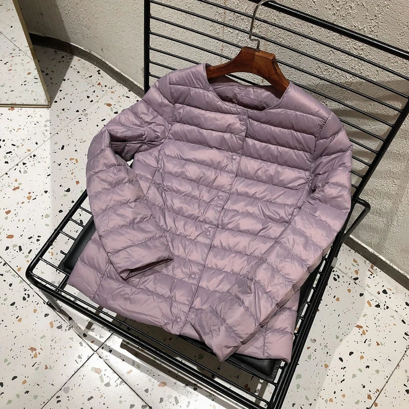 Ultralight Women's Puffer Jacket, Collarless Down Parka, Portable Warm Liner for Spring Winter