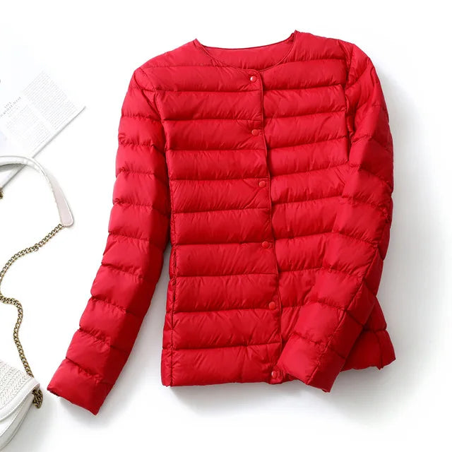Ultralight Women's Puffer Jacket, Collarless Down Parka, Portable Warm Liner for Spring Winter