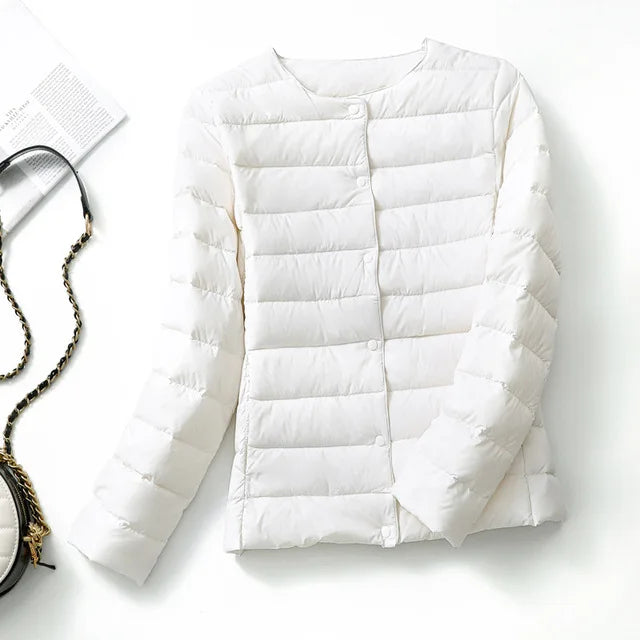 Ultralight Women's Puffer Jacket, Collarless Down Parka, Portable Warm Liner for Spring Winter