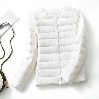 Ultralight Women's Puffer Jacket, Collarless Down Parka, Portable Warm Liner for Spring Winter