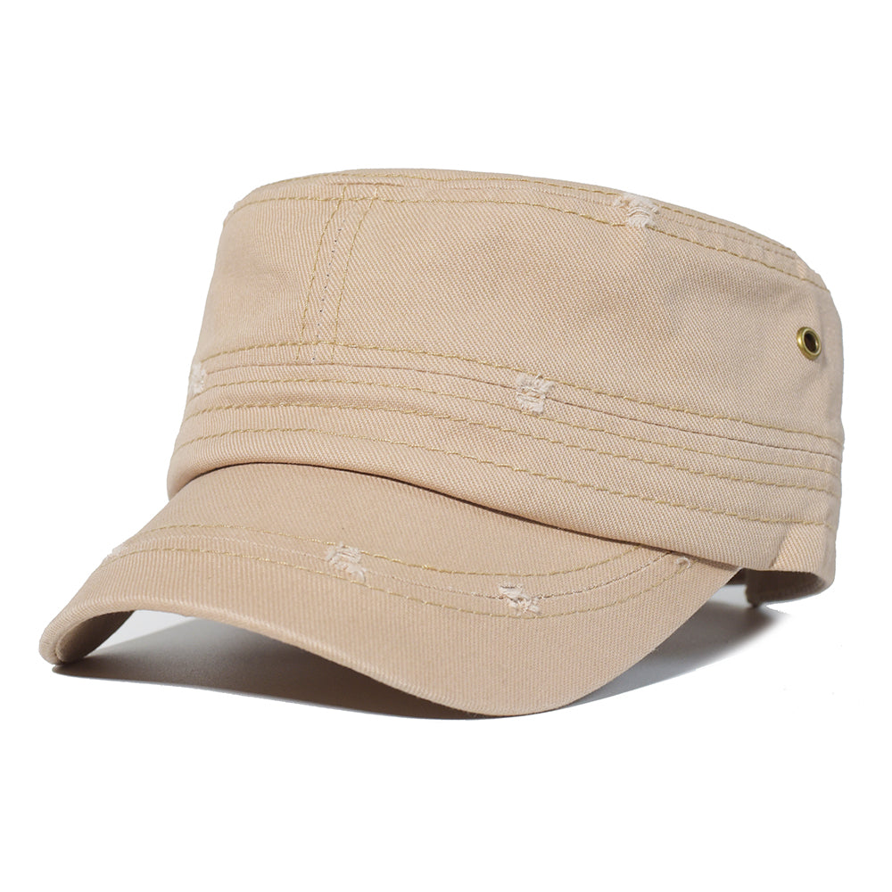 Washed Cotton Flat Cap, Unique Design Military Hat for Men Women, Four Seasons Vintage Flat Top Cap.