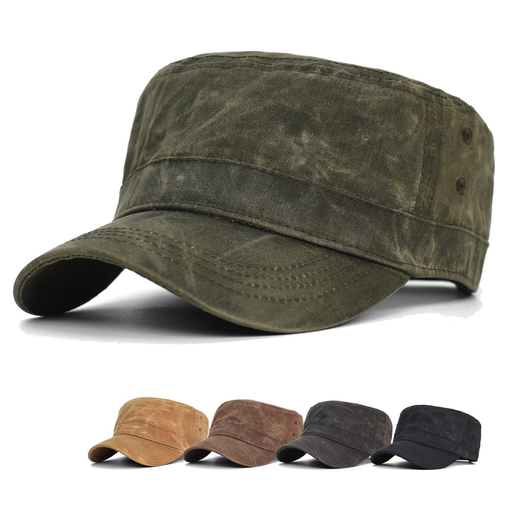 Men Waterproof Cadet Army Cap, Waxed Canvas Cotton Military Caps, Vintage Flat Top Hat with Unique Design.