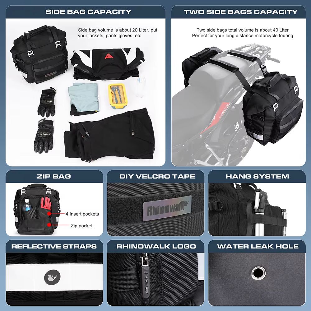 Rhinowalk Universal Motorcycle Saddlebag 20L30L  Waterproof Side Bag With Removable Liner For Trave 4