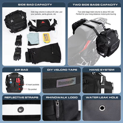 Rhinowalk Universal Motorcycle Saddlebag 20L30L  Waterproof Side Bag With Removable Liner For Trave 4