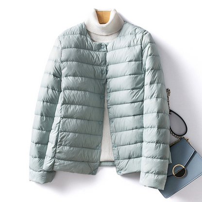 Women's Ultralight Quilted Puffer Coat, Variable V Neck, Collarless Duck Down Jacket for Winter Warmth