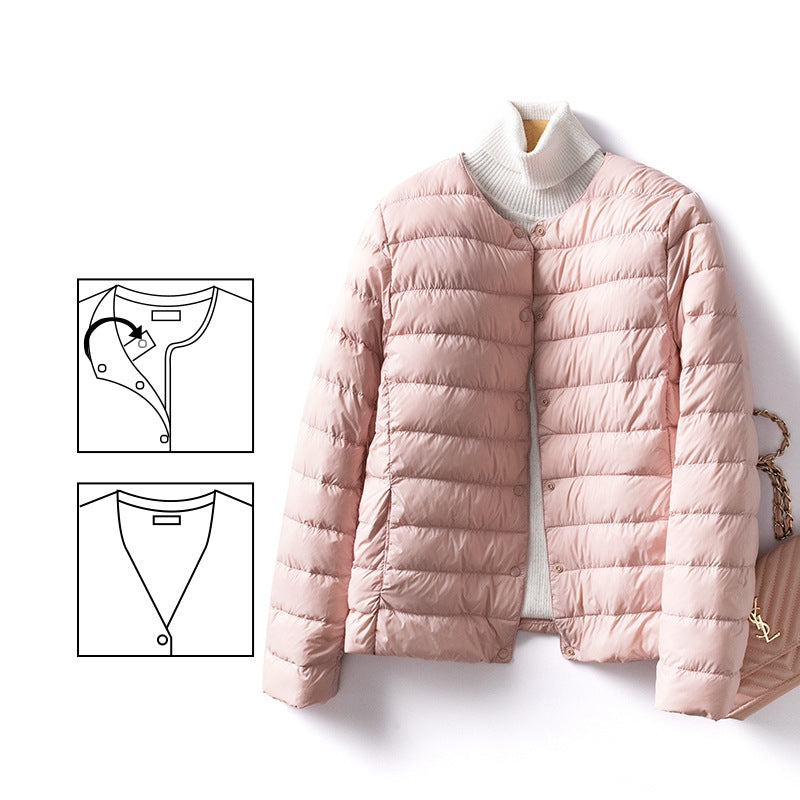 Women's Ultralight Quilted Puffer Coat, Variable V Neck, Collarless Duck Down Jacket for Winter Warmth