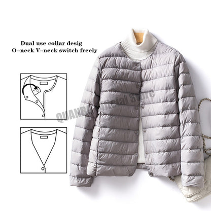 Women's Ultralight Quilted Puffer Coat, Variable V Neck, Collarless Duck Down Jacket for Winter Warmth