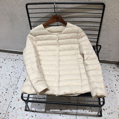 Women's Ultralight Quilted Puffer Coat, Variable V Neck, Collarless Duck Down Jacket for Winter Warmth