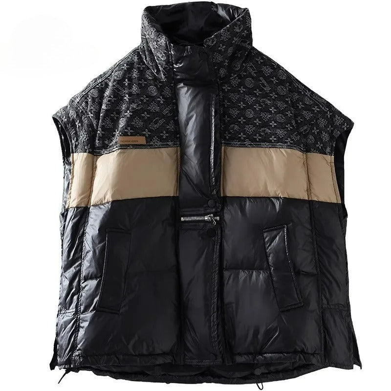 Women's Duck Down Vest, Fashionable Stand Collar, Contrast Color Splicing, Loose Fit, White Fill, Winter Wear