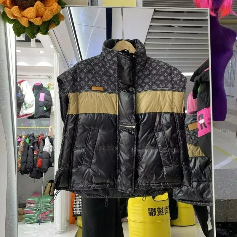 Women's Duck Down Vest, Fashionable Stand Collar, Contrast Color Splicing, Loose Fit, White Fill, Winter Wear