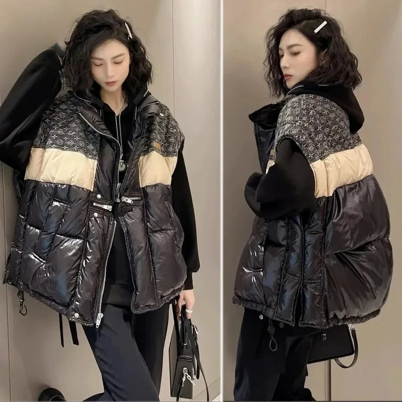 Women's Duck Down Vest, Fashionable Stand Collar, Contrast Color Splicing, Loose Fit, White Fill, Winter Wear