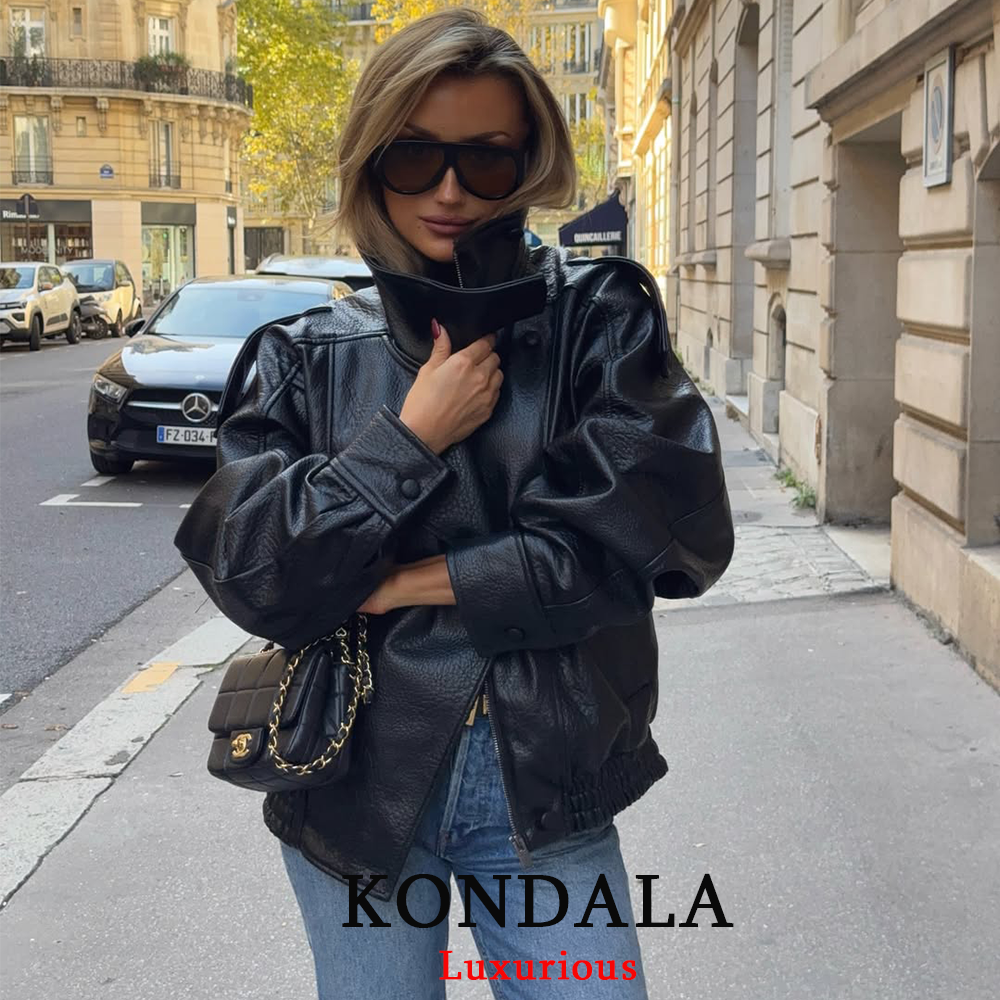 Womens Black Leather Jacket Casual Chic Oversized Coat 2025 Fall Fashion Long Sleeve With Button Cl 1