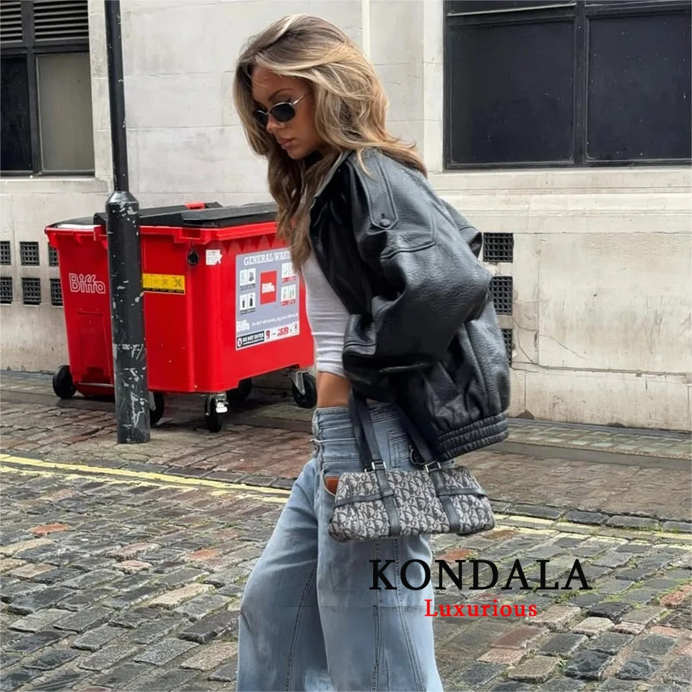 Womens Black Leather Jacket Casual Chic Oversized Coat 2025 Fall Fashion Long Sleeve With Button Cl 2