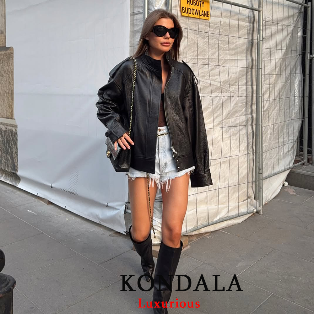 Womens Black Leather Jacket Casual Chic Oversized Coat 2025 Fall Fashion Long Sleeve With Button Cl 3